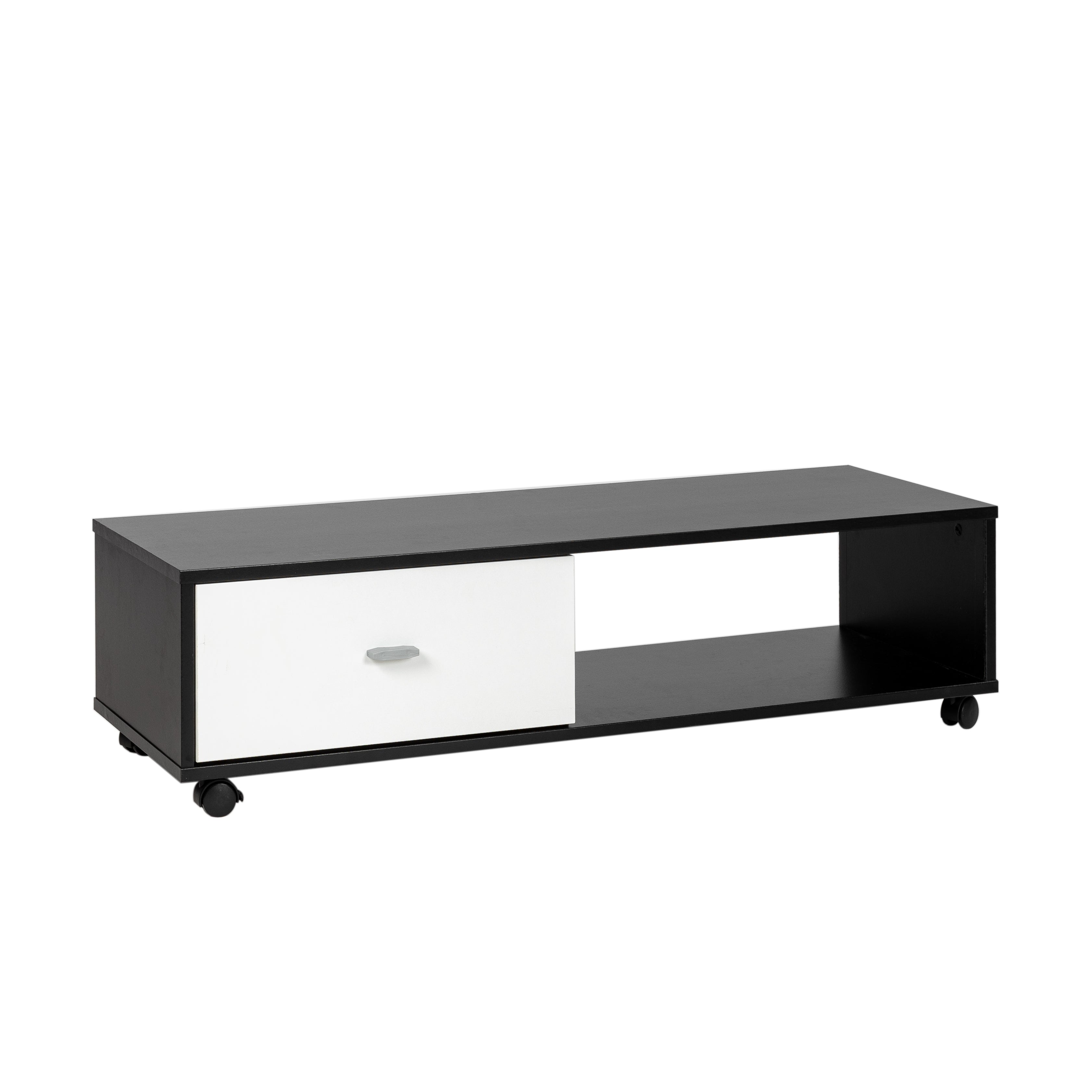 Modern TV cabinet with open compartment and 1 drop-down drawer in white and black made in France - SONALY