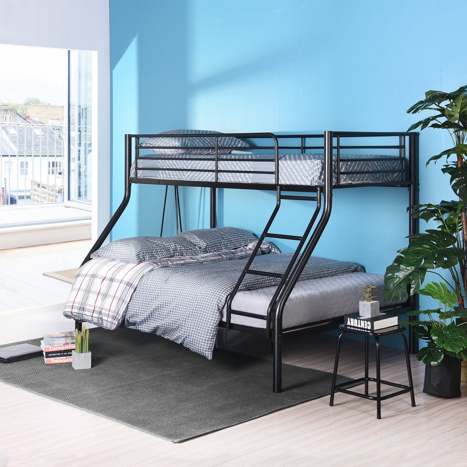 Bunk bed 3 places and 2 levels in black metal with ladder 140x190cm and 90x190cm (mattress not included) - JAZZ