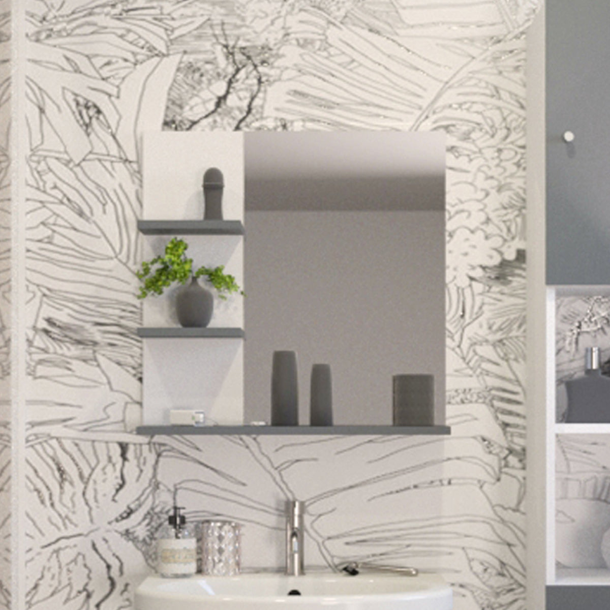 Colonne salle de bain avec 3 tablettes et 1 miroir, miroir de salle de bain avec 3 étagères, fabrication française - Corlin BM6