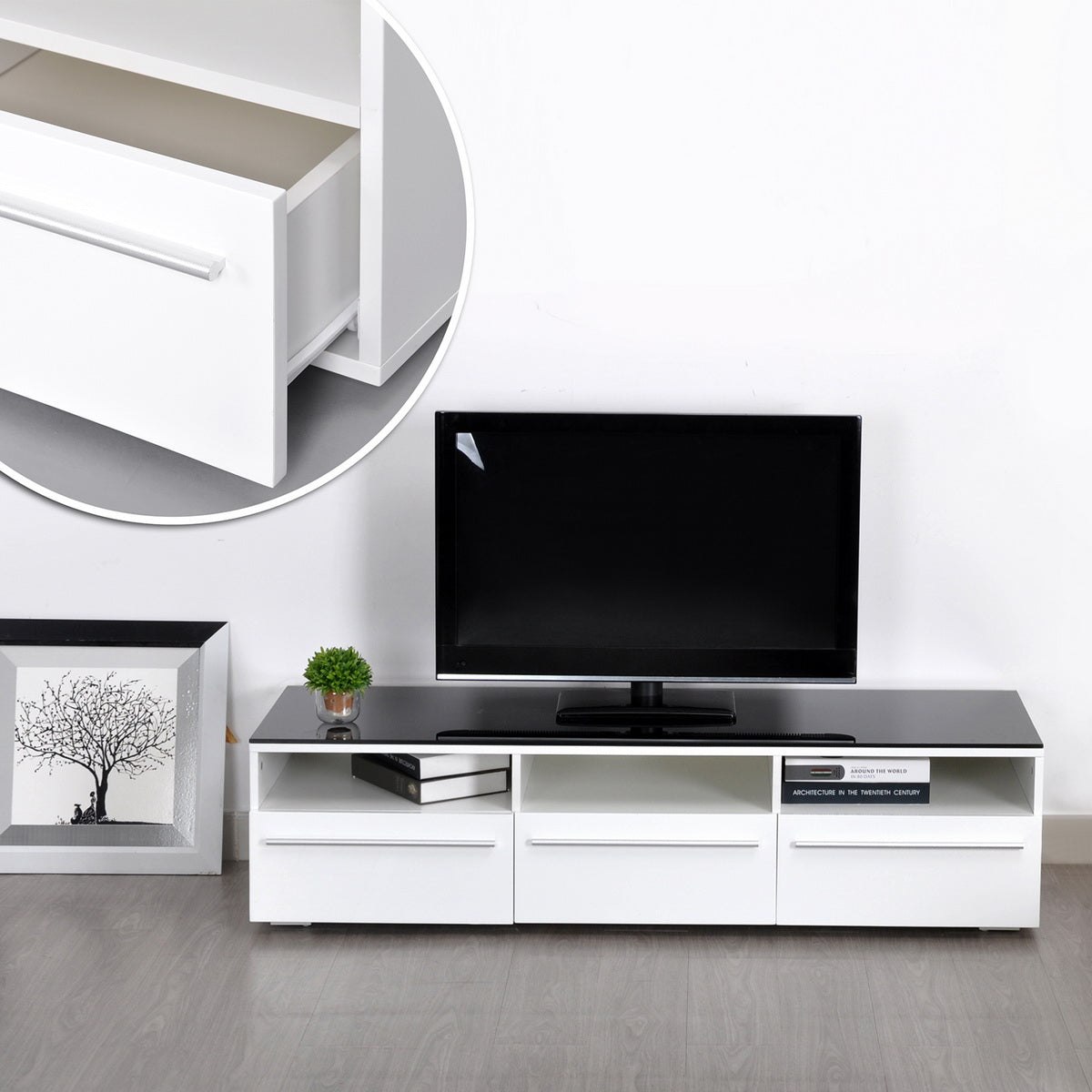 Modern TV cabinet with storage and 3 drawers in wood and black glass - HOPE2
