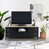 Living room TV cabinet/Buffet in black metal with 3 doors and wooden top with shelves - SULLIVAN OAK BLACK