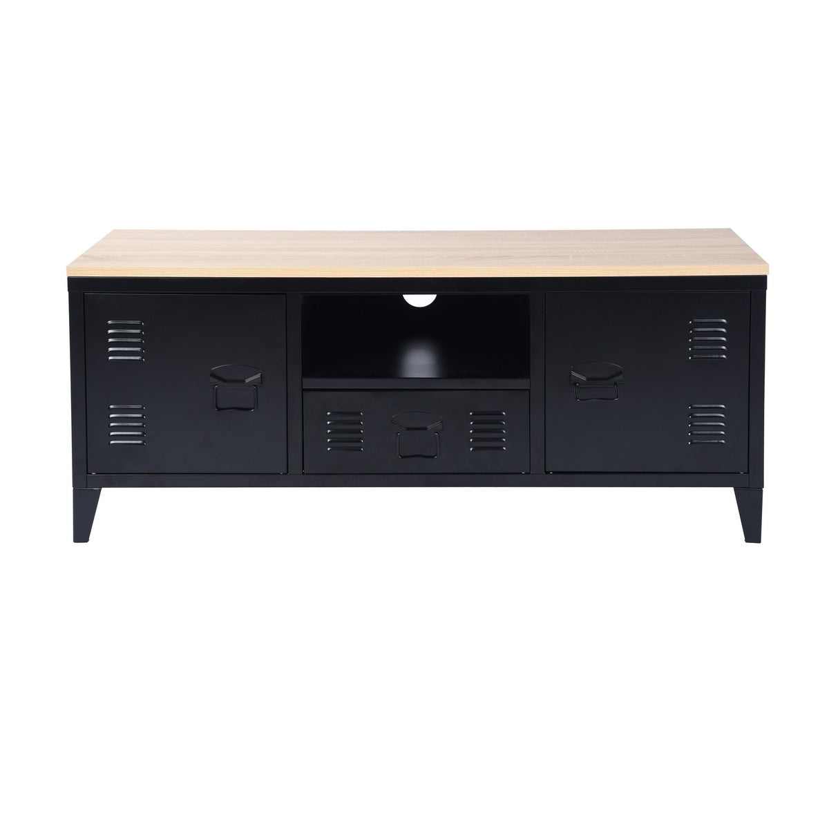 Meuble TV/Buffet salon en métal noir 3 portes et plateau en bois avec étagères - SULLIVAN OAK BLACK