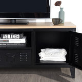 Meuble TV/Buffet salon en métal noir 3 portes et plateau en bois avec étagères - SULLIVAN OAK BLACK