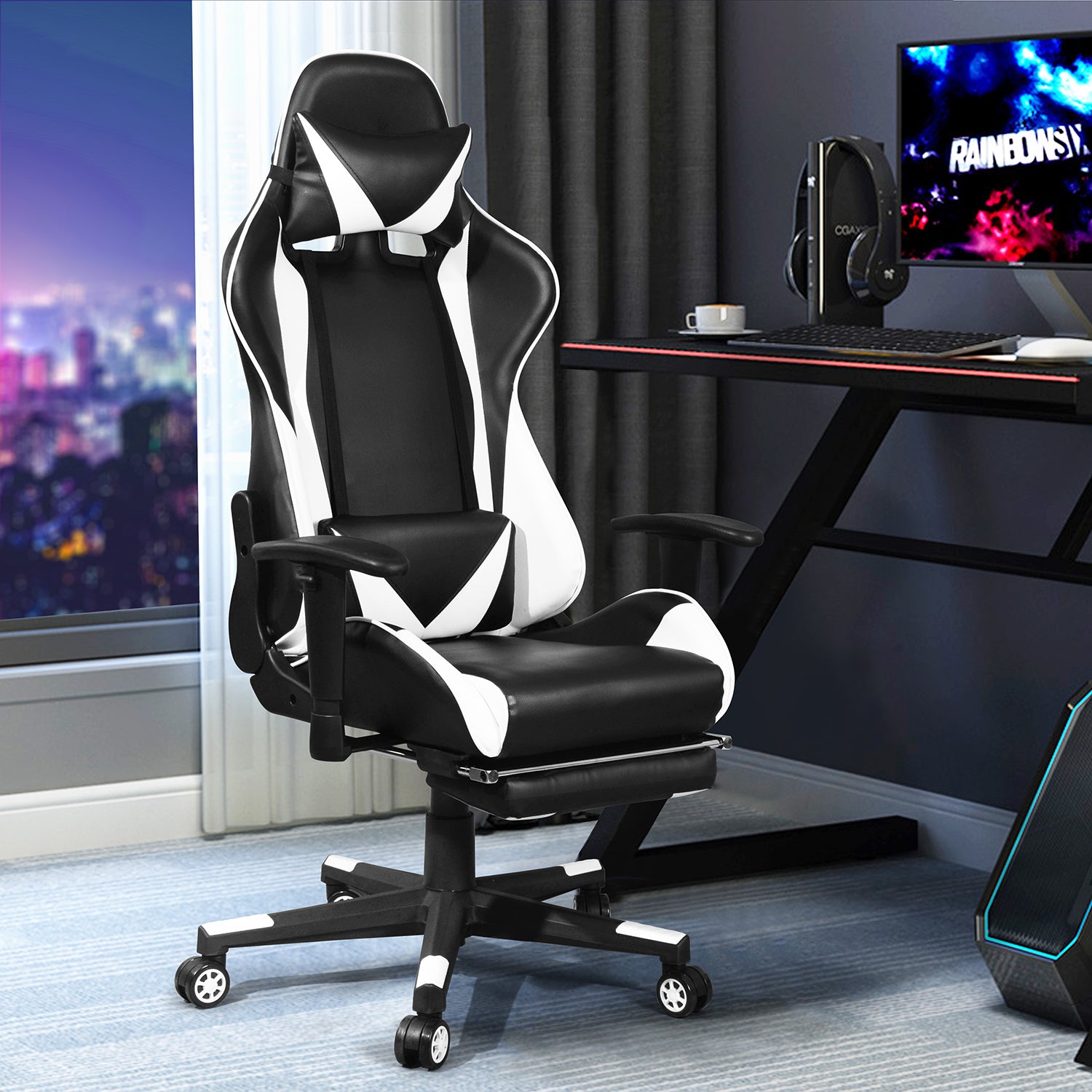 Comfortable Ergonomic Designer Gaming Office Chair with Armrests, 360 Degree Swivel, Reclining Function with Footrest - GORDAN