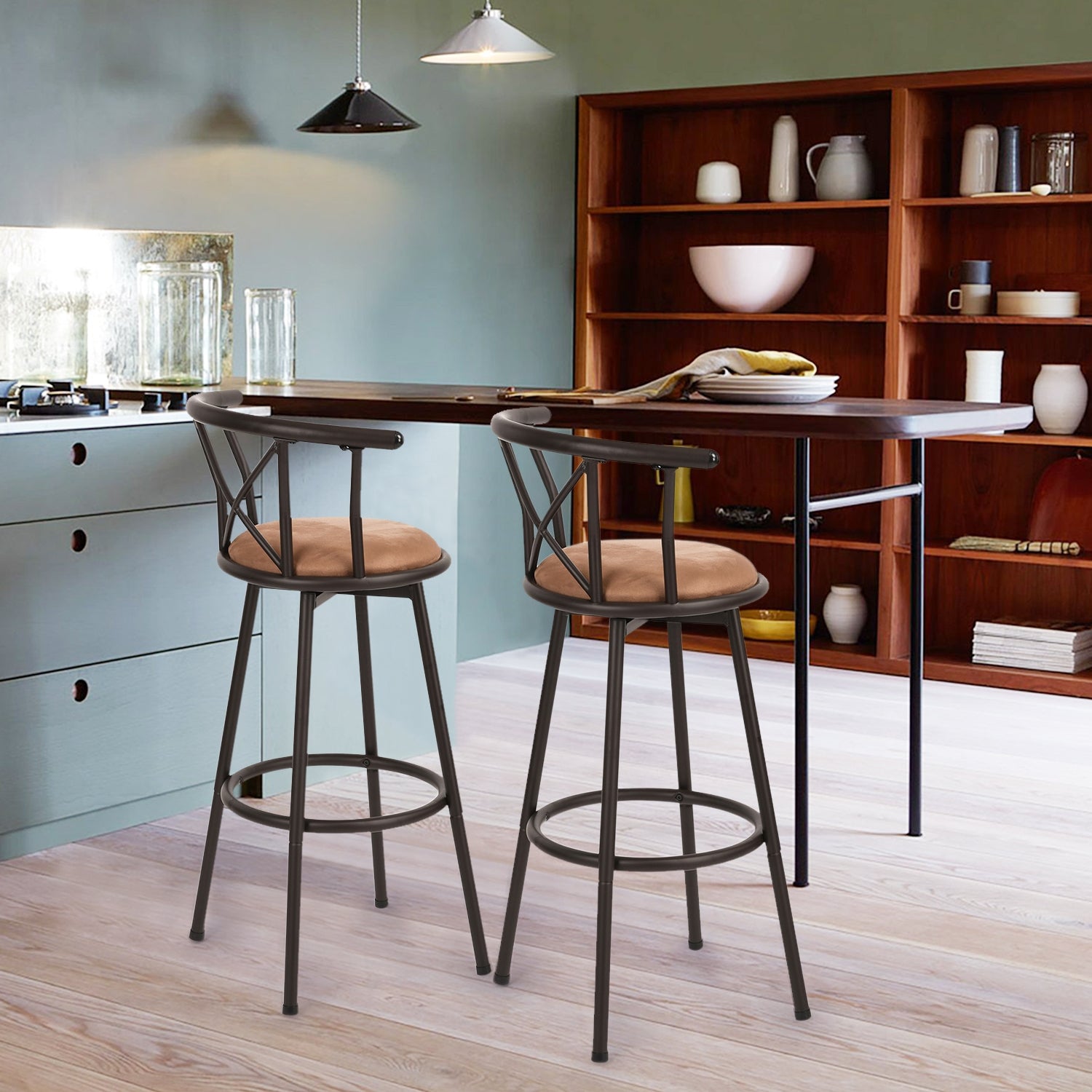 Set of 2 industrial style kitchen bar stools with metal legs 360° seat and footrest - HAILEY BROWN - 77 CM