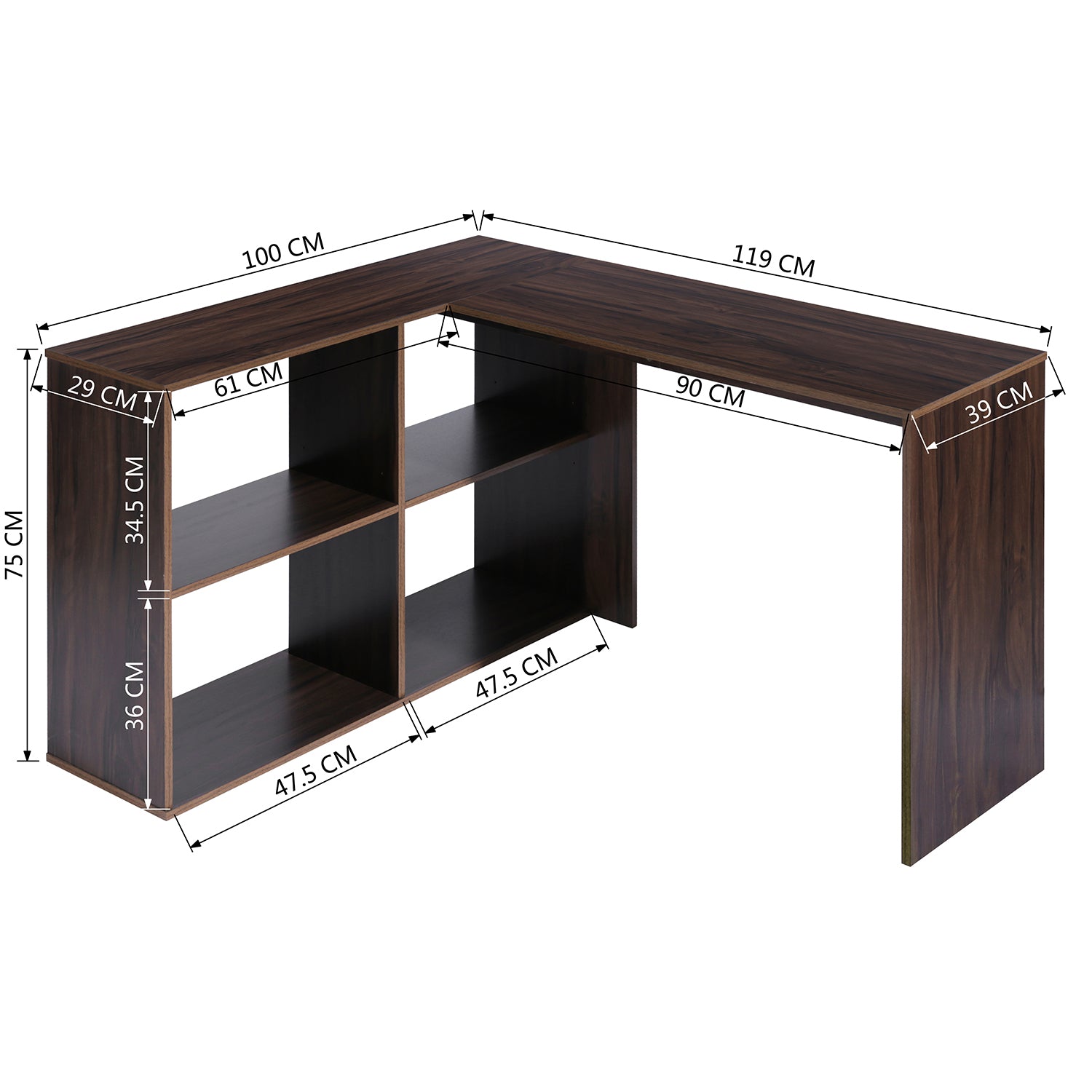 Dark wood corner desk with integrated computer/pc shelf - MCCOY BROWN OAK