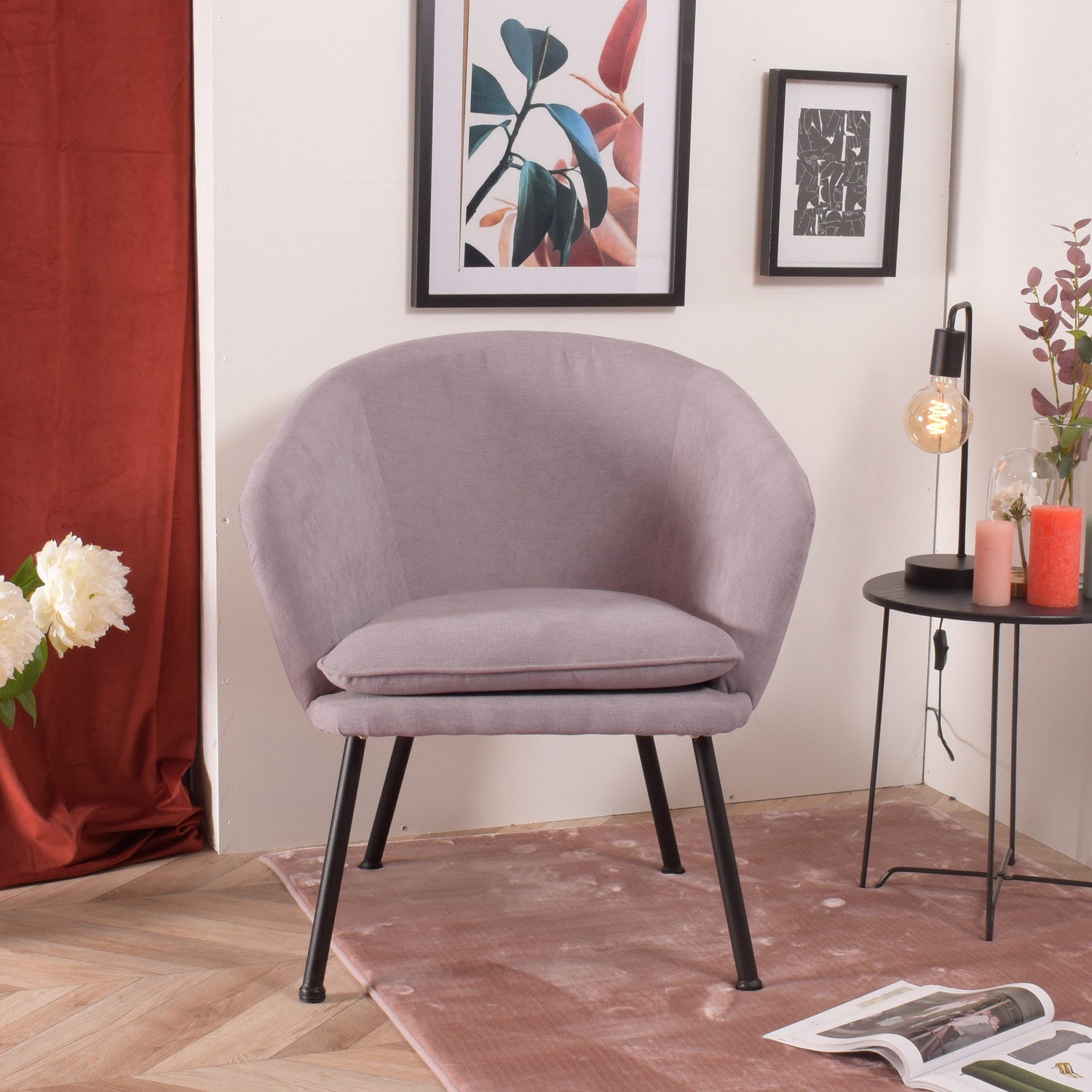 Wide and comfortable side chair with armrests for bedroom and living room in pink fabric - DIXIER PINK