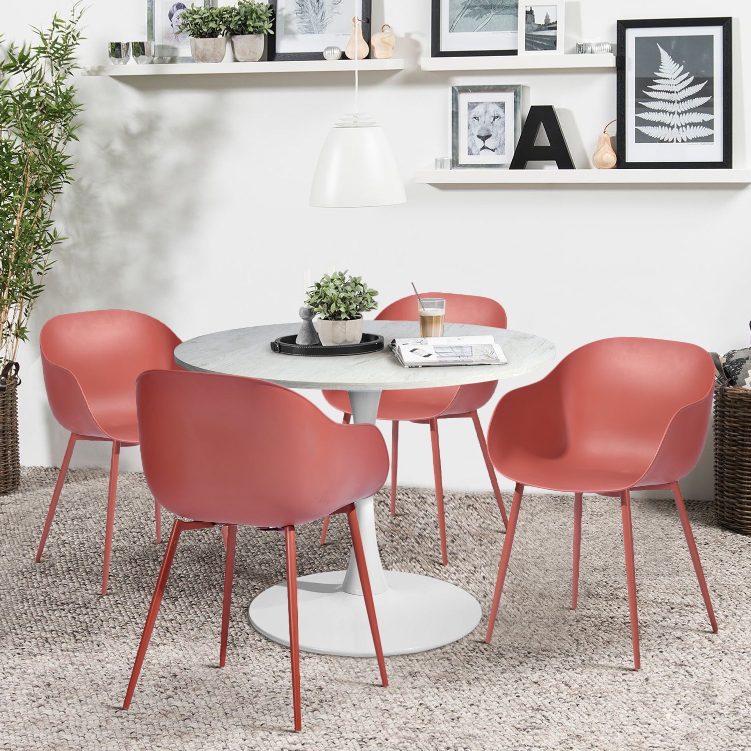 Set of 4 Scandinavian design chairs in red plastic dining room, metal legs in red paint, ergonomic chair - ARANA RED