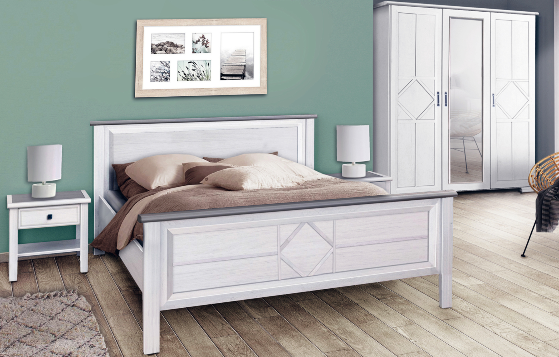 Double bed 140 cm in modern design with a large headboard made in France (mattress not included) - Camille