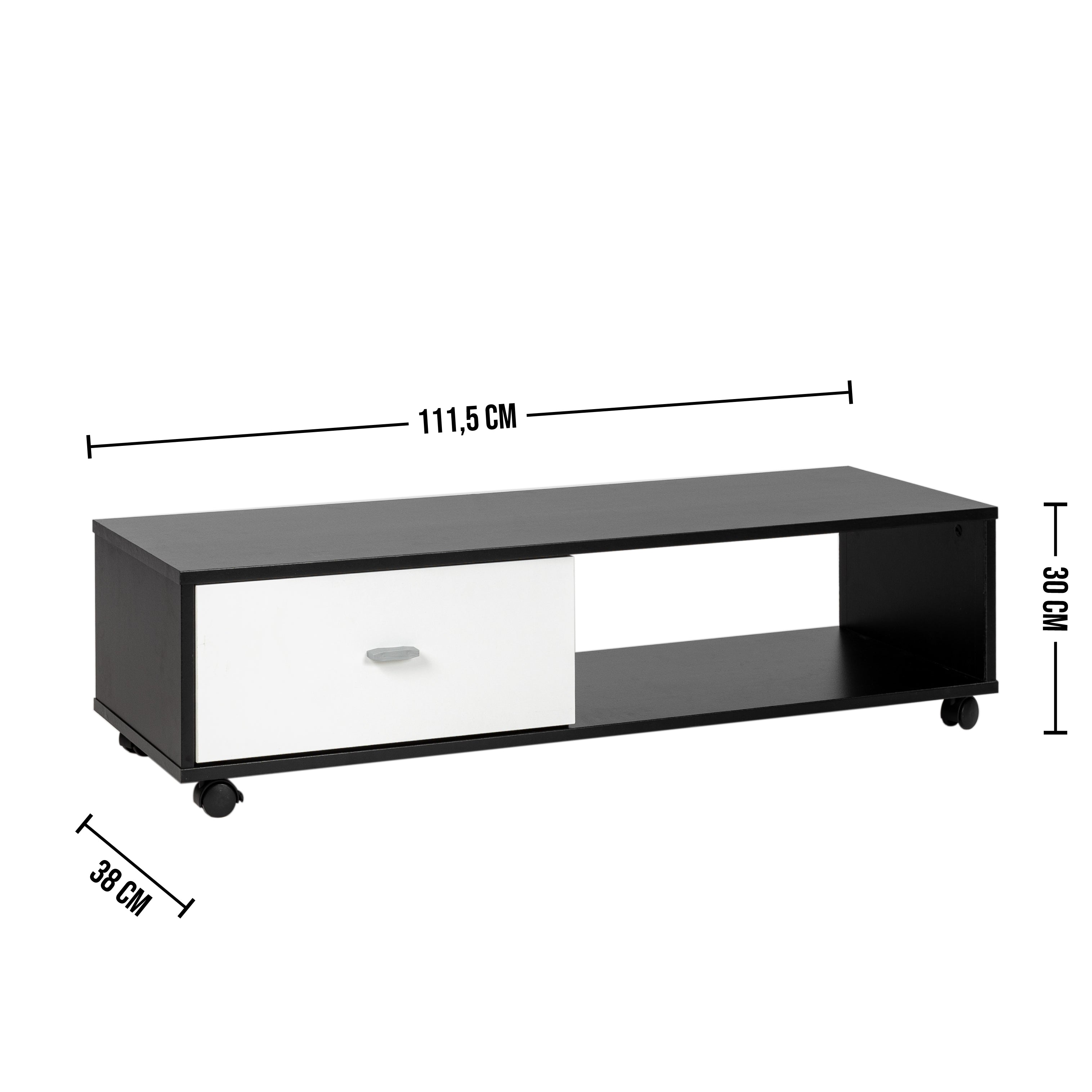 Modern TV cabinet with open compartment and 1 drop-down drawer in white and black made in France - SONALY