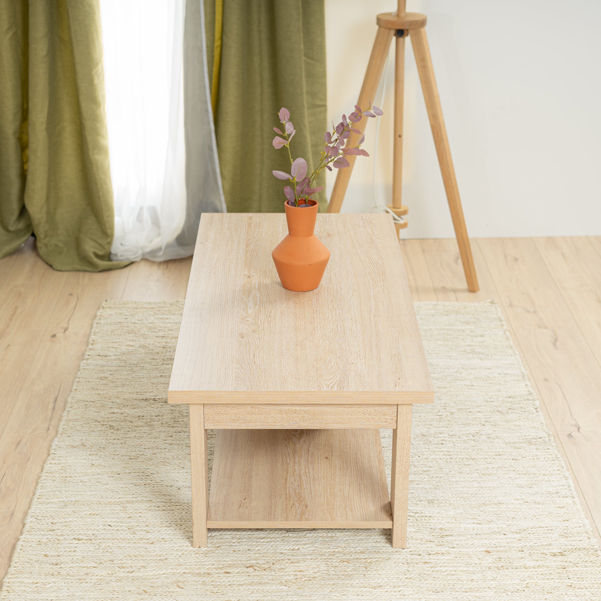 Modern rectangular coffee table in ceruse oak with open storage compartments made in france - COLINE
