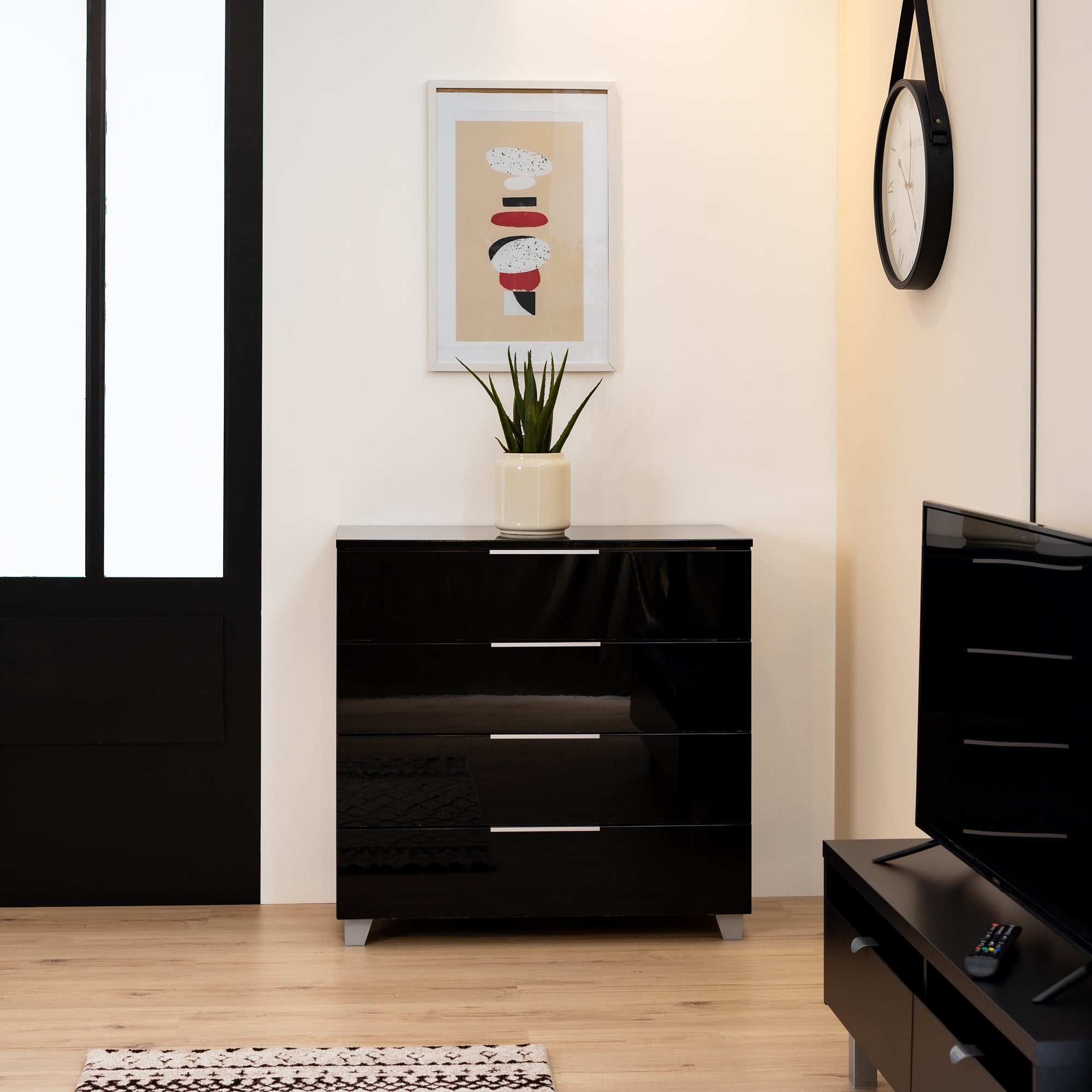 Storage chest of drawers with 4 drawers in black glossy effect made in France - SENGA