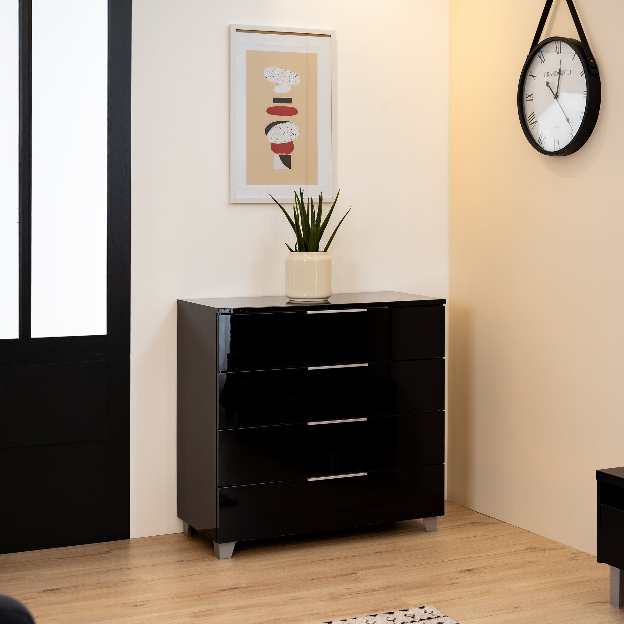 Storage chest of drawers with 4 drawers in black glossy effect made in France - SENGA