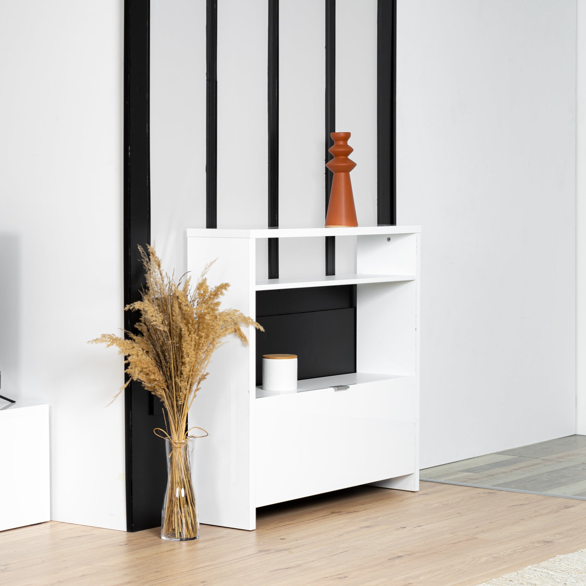 Modern shoe cabinet with 2 shelves and 1 flap drawer in white gloss effect made in France - BRILLANT