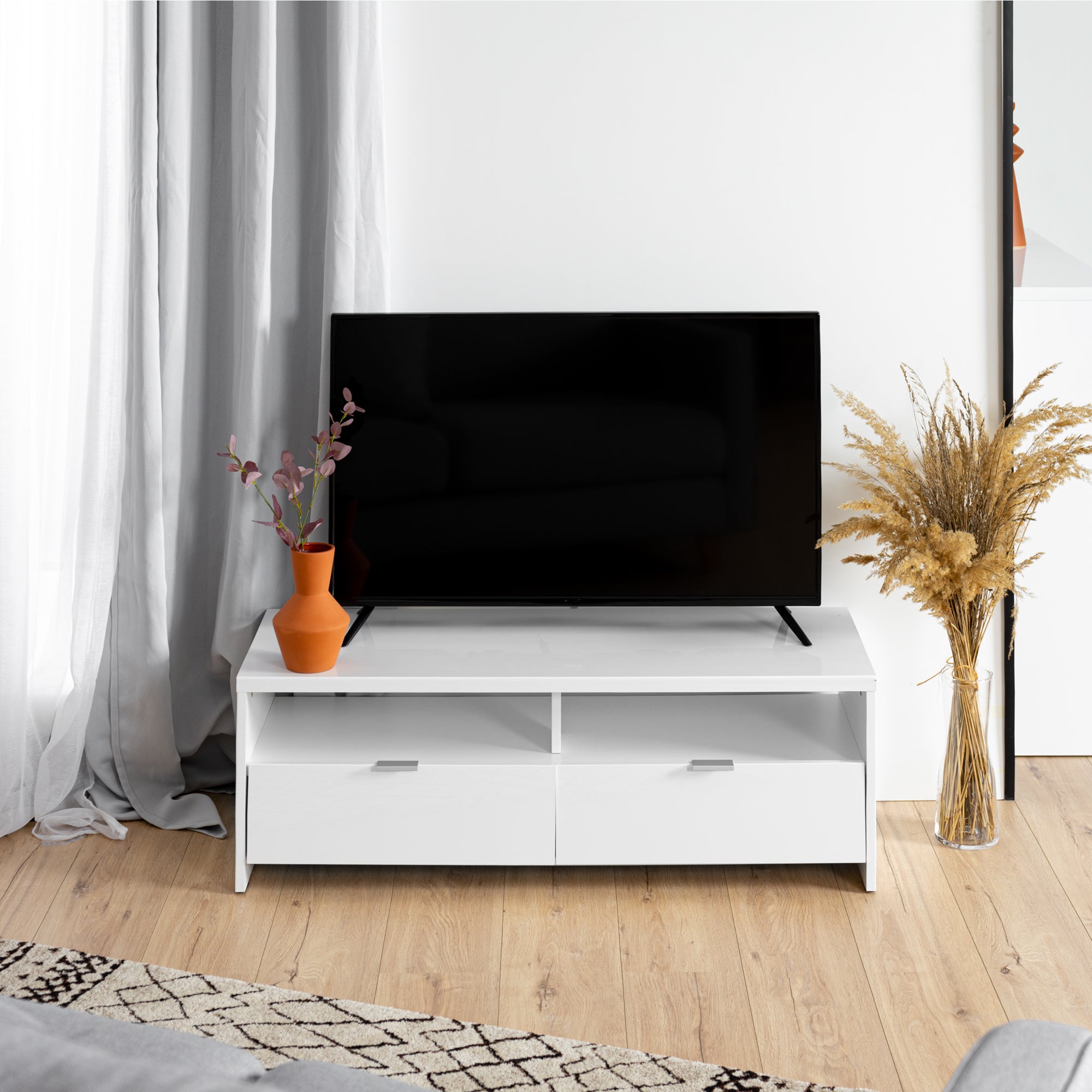 Modern TV cabinet with storage and 2 drop-down drawers, made in France - BANCO