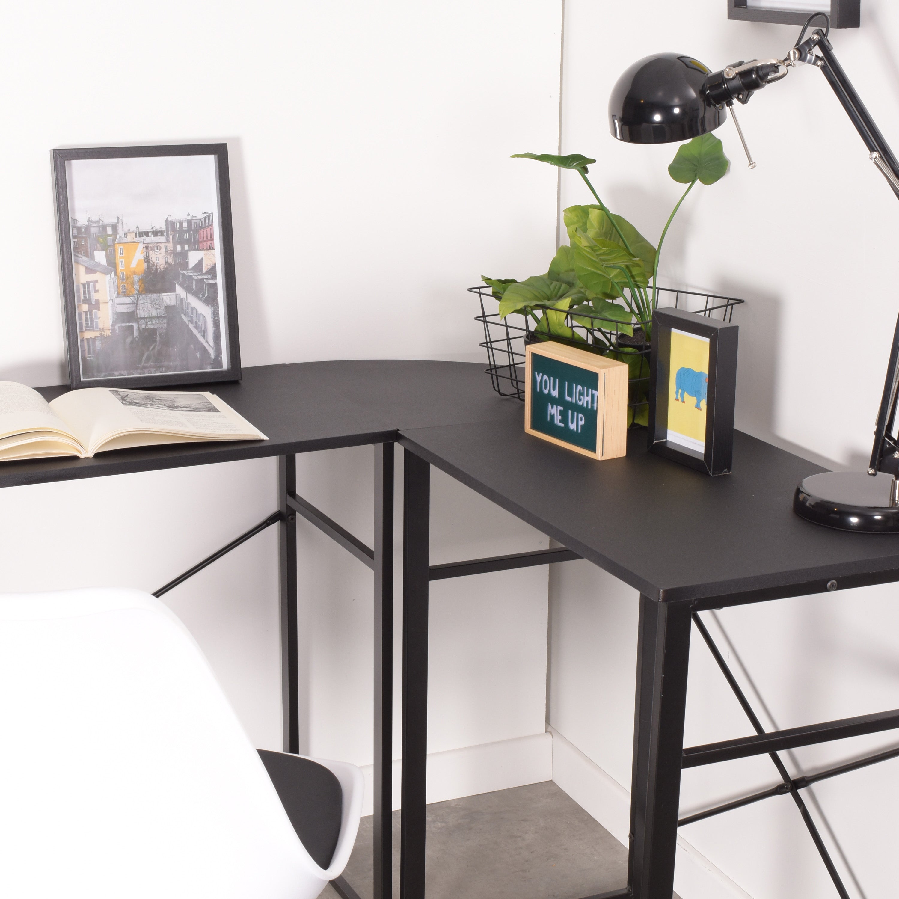 Corner desk in wood and black metal with integrated computer/pc shelf - BELSON BK