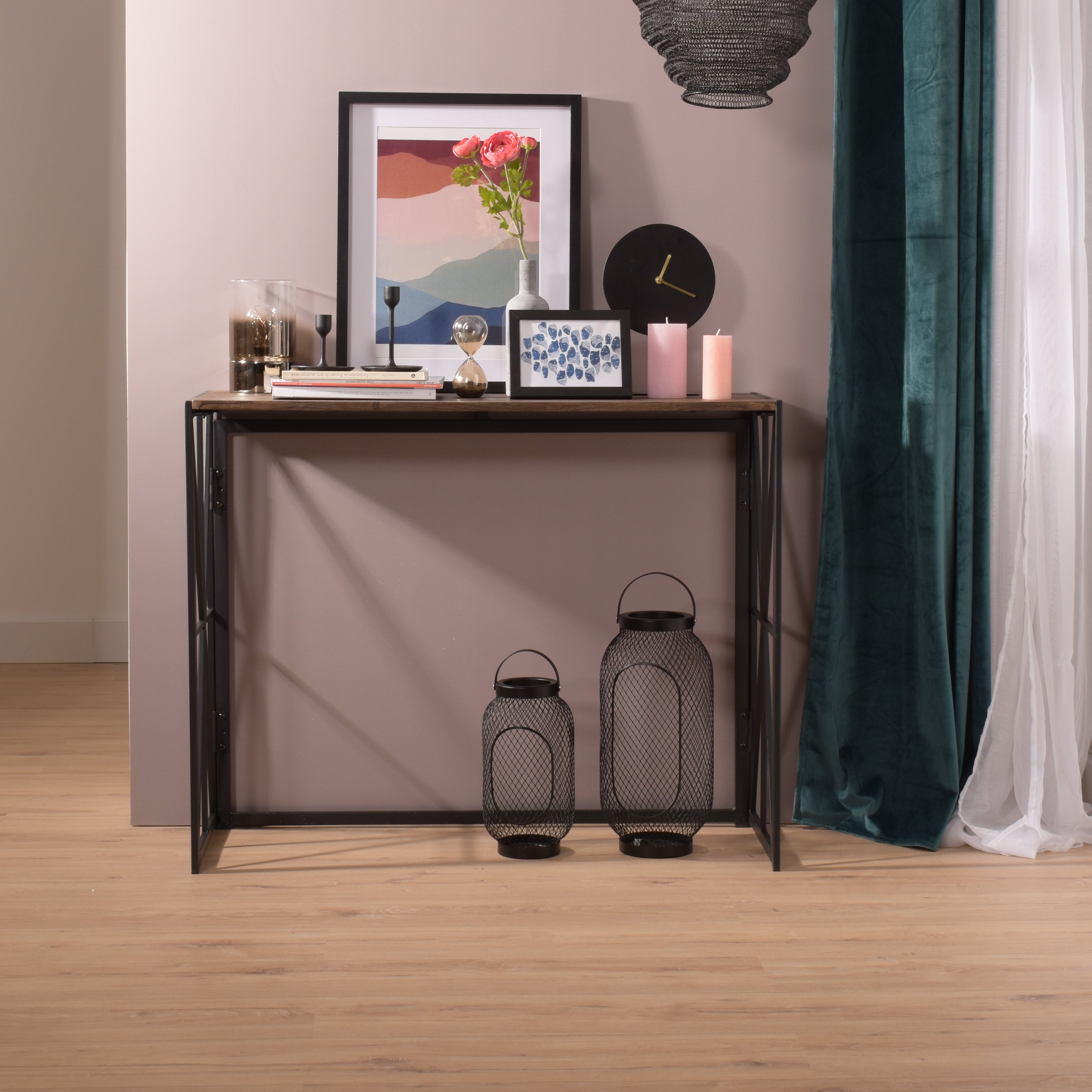 Side table for entrance, metal industrial style console and MDF top - HORES