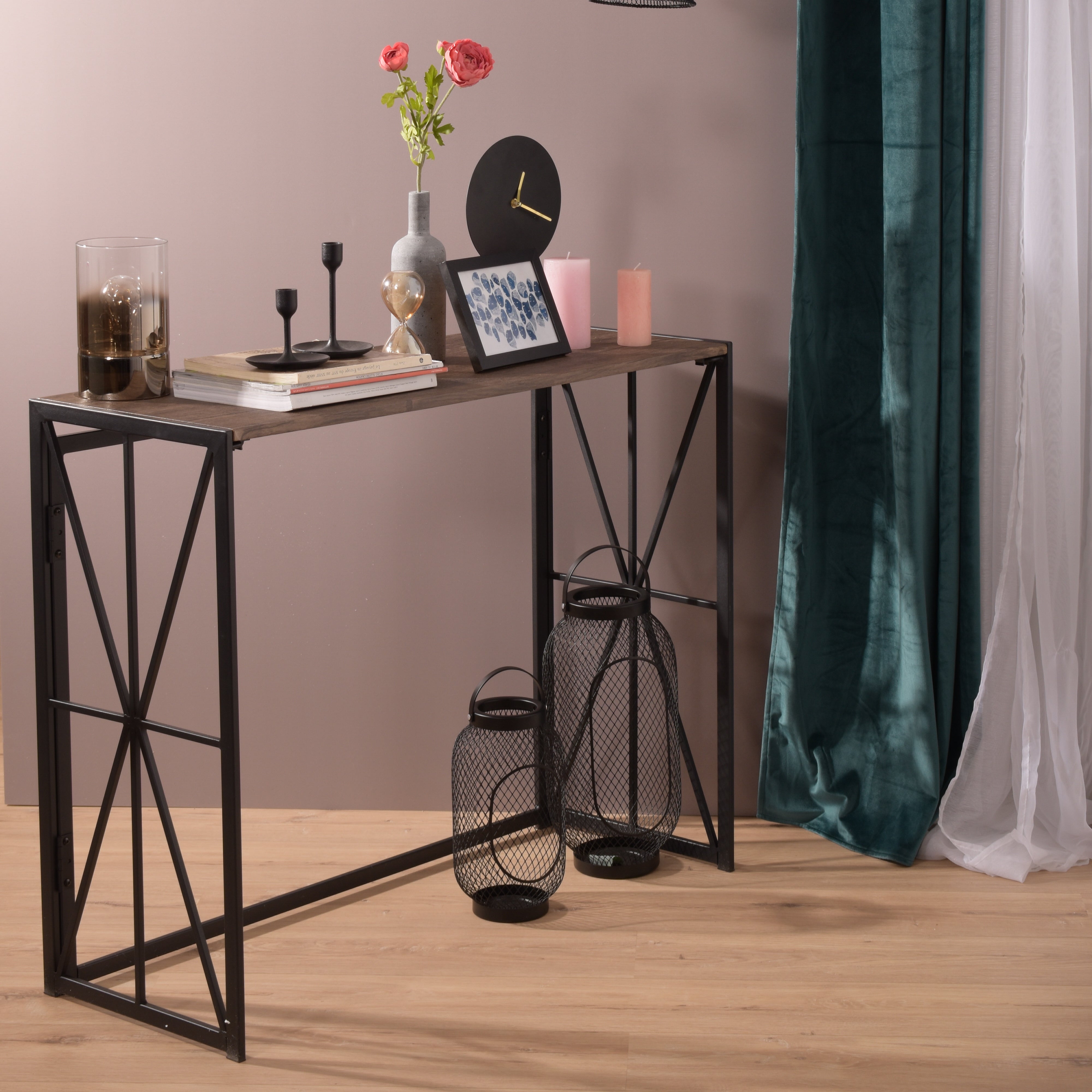 Side table for entrance, metal industrial style console and MDF top - HORES