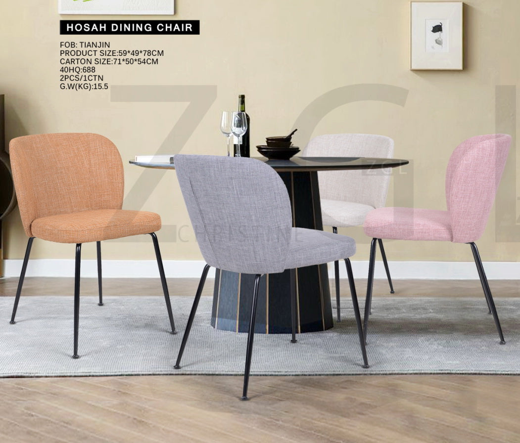 Set of 2 Dining Chairs, Ergonomic Padded Backrest, Gray Fabric and Black Metal Legs - HOSAH