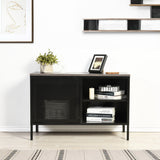 Chest of drawers/storage cabinet in black metal and wooden top with industrial style shelf, 1 mesh door - ISAAC