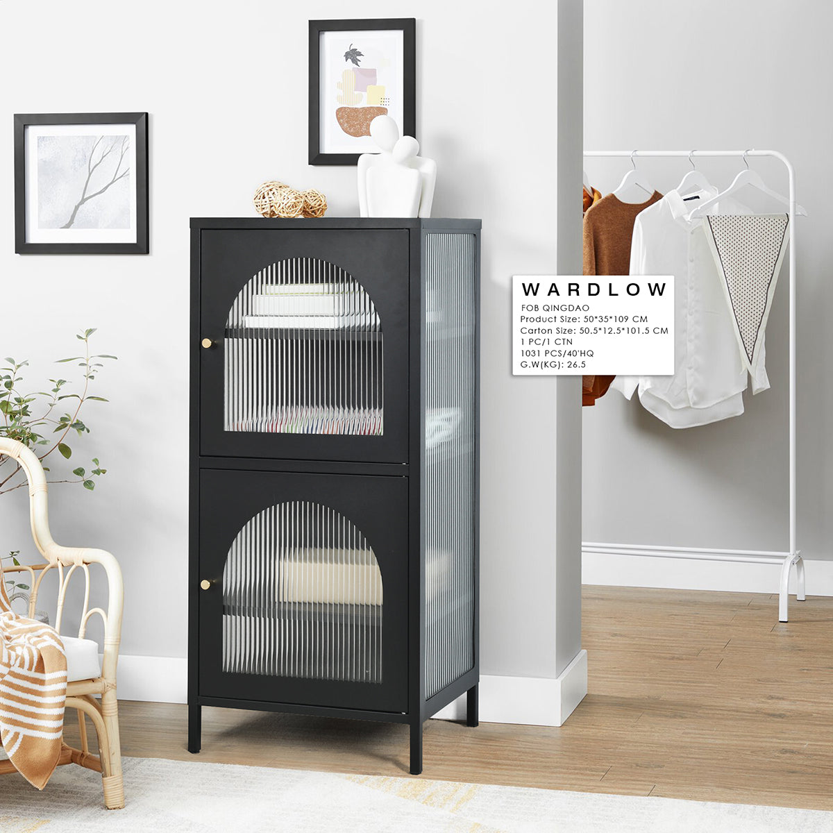 Chest of drawers/storage cabinet in black metal with industrial style shelf, 2 wired glass doors - WARDLOW
