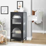 Chest of drawers/storage cabinet in black metal with industrial style shelf, 2 wired glass doors - WARDLOW
