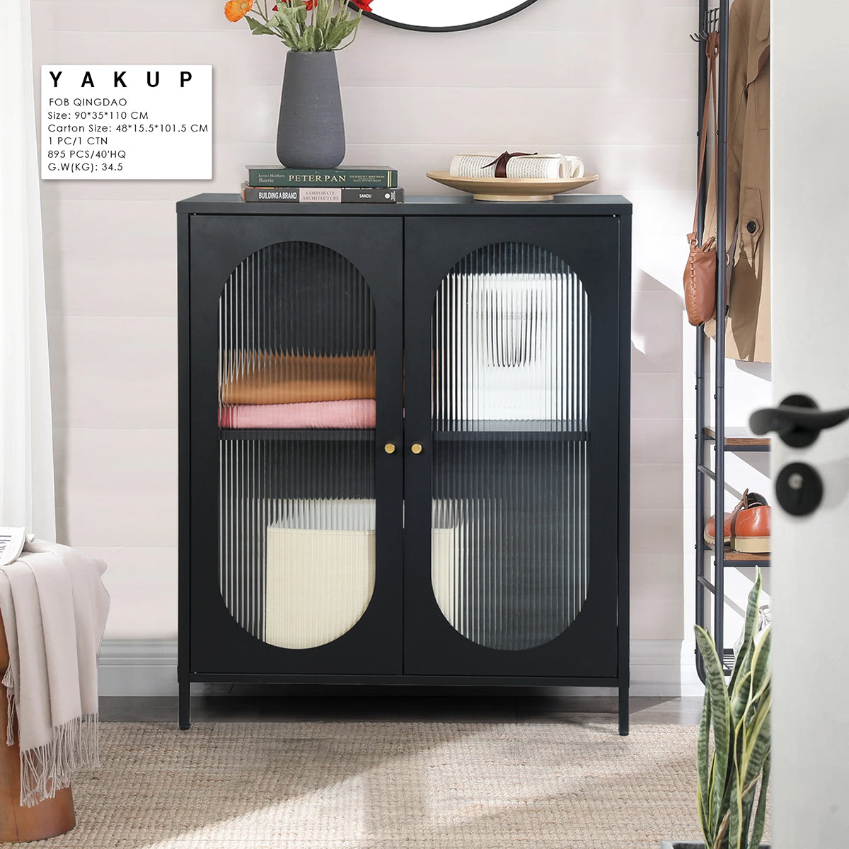 Chest of drawers/storage cabinet in black metal with industrial style shelf, 2 wired glass doors - YAKUP