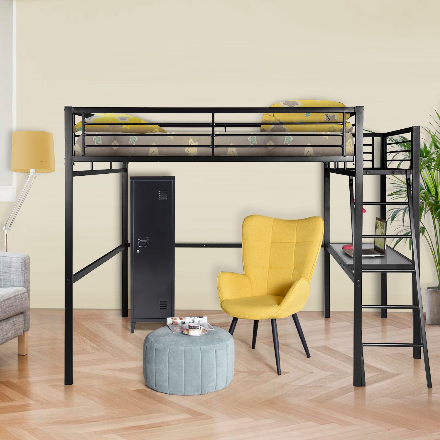 2-seater loft bed in black metal with integrated desk, sleeping area of ​​140x190cm (mattress not included) - LIONEL PLATFORM