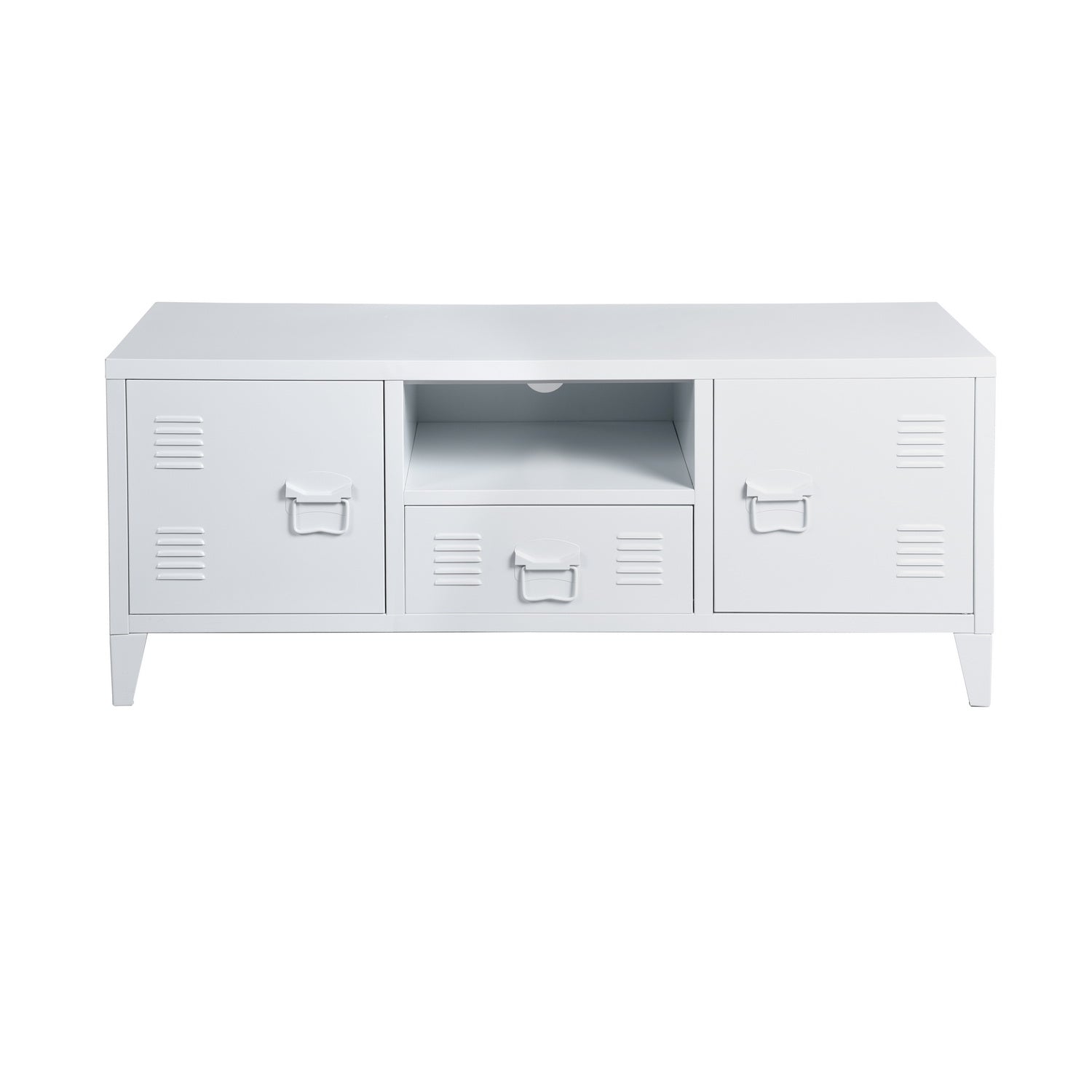 Meuble TV/Buffet salon en métal blanc 3 portes avec étagères - SULLIVAN