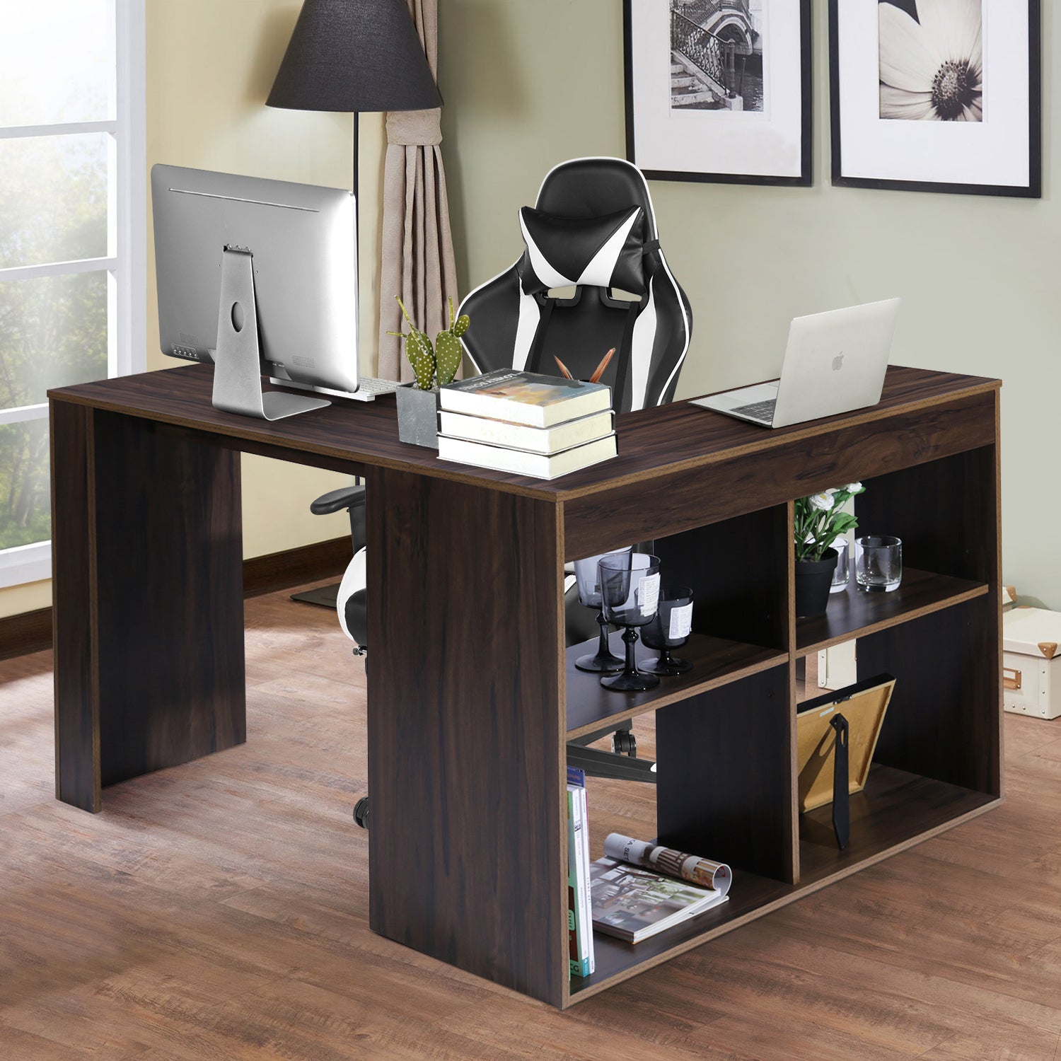 Dark wood corner desk with integrated computer/pc shelf - MCCOY BROWN OAK