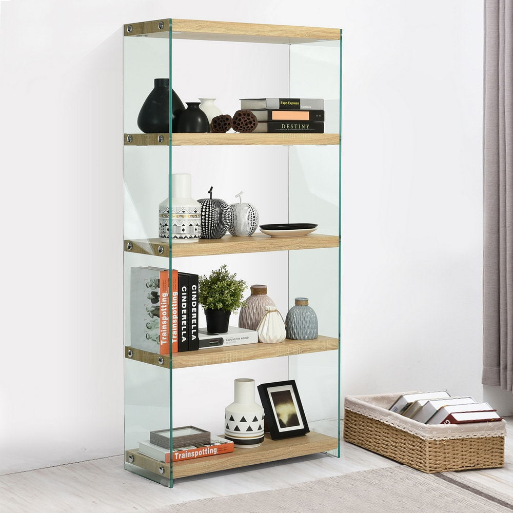 Large kitchen cabinet, bookcase shelf, modern storage shelves in mdf wood and glass - MELROSE