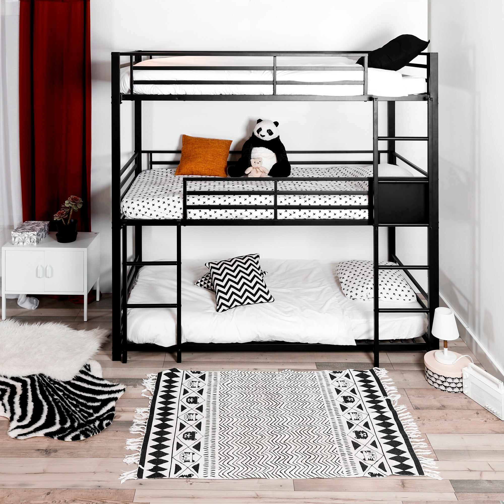 Bunk bed 3 places and 3 floors in black metal with ladder 90x190cm (mattress not included) - TRIO 3