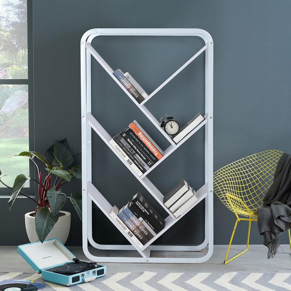 Bookcase with original asymmetrical design, modern storage shelves in wood and white metal - PURAU WHITE