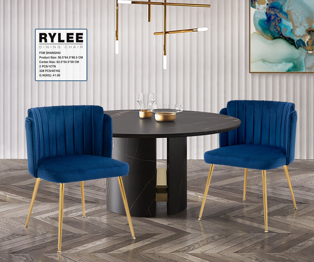 Set of 2 comfortable Scandinavian dining chairs with blue fabric armrests - RYLEE