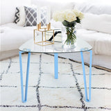 Side coffee table, glass triangle side table, and blue metal legs - STOKE BLUE
