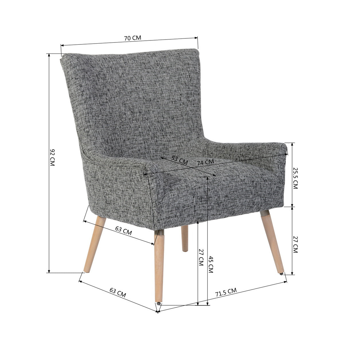 Contemporary padded armchair with comfortable backrest and fabric armrests - THORNE