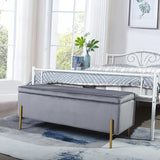 Contemporary storage bench with storage chest, in gray velvet and gold metal - TUDOR GRAY