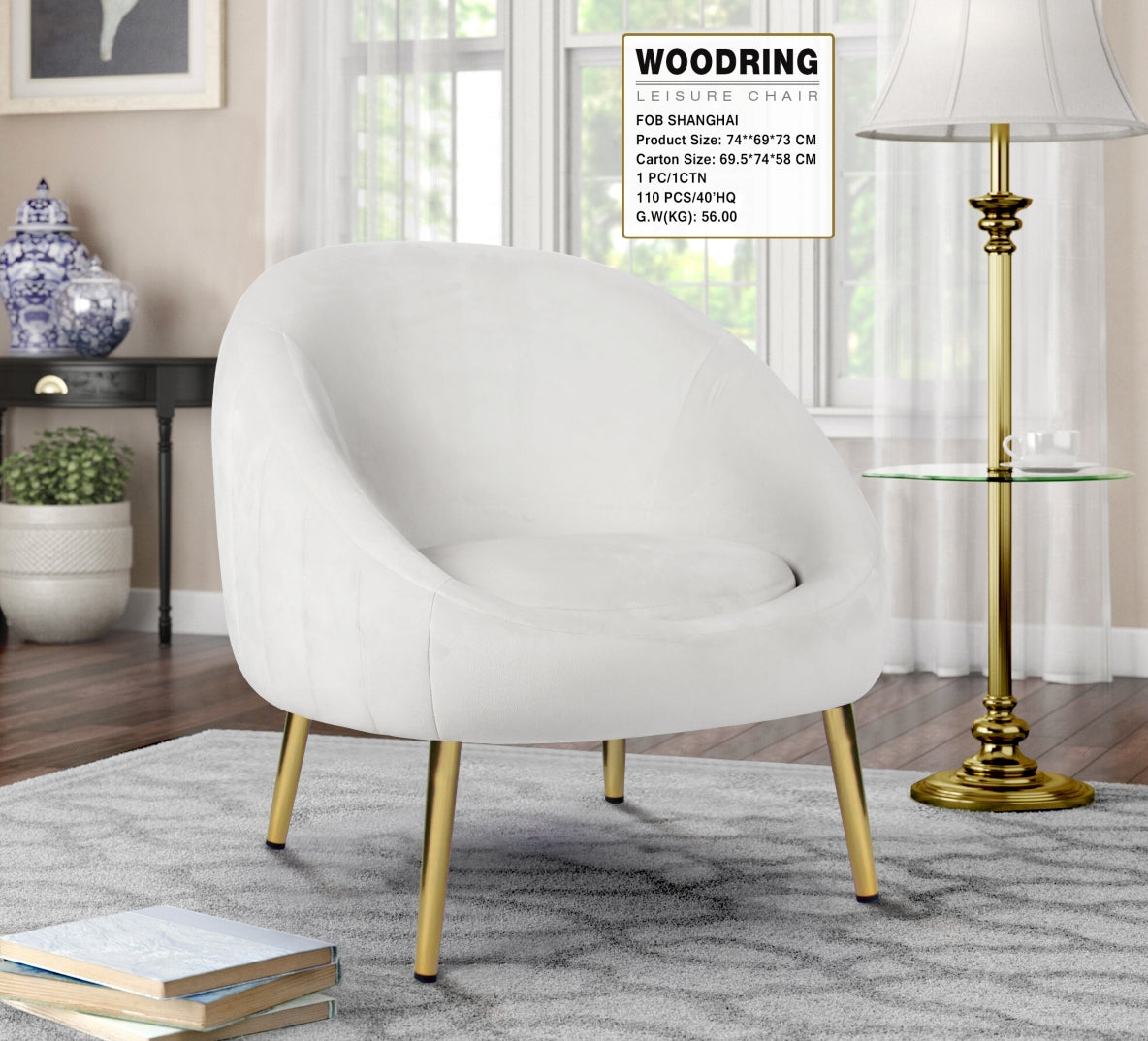 Armchair chair in white velvet, chrome legs gold color for living room bedroom office - WOODRING