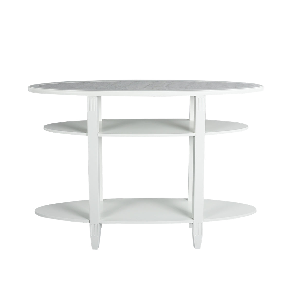 White oval coffee table with 3 wooden shelves - YEOMAN